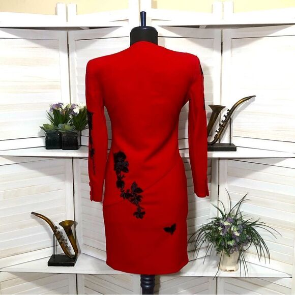 Valentino Vintage Red Blazer Dress Black Roses Size 6 - Picture 3 of 14
